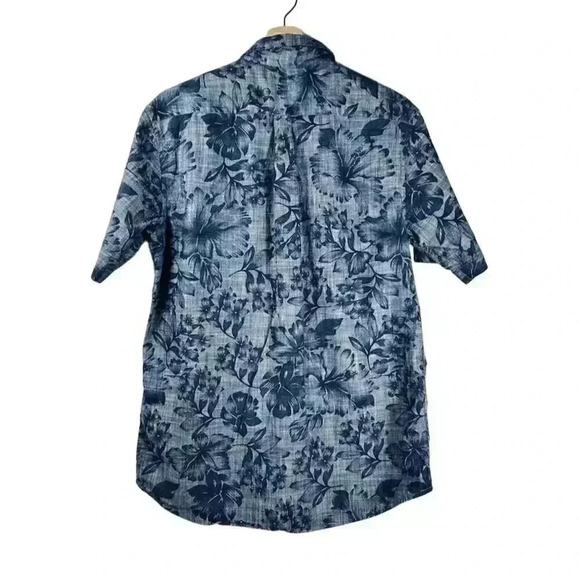 Haggar Men's M Blue Batik Leaf Print Short Sleeve Fitted Button-Up Shirt - Picture 2 of 7